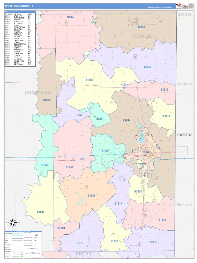 Vermilion County, IL ZIP Code Wall Map, ColorCast style
