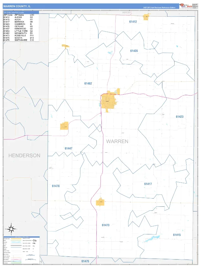 Warren County, IL ZIP Code Wall Map, Business Reference style