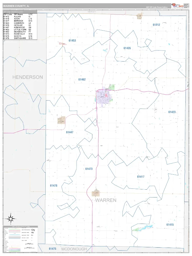 Warren County, IL ZIP Code Wall Map, Classic style