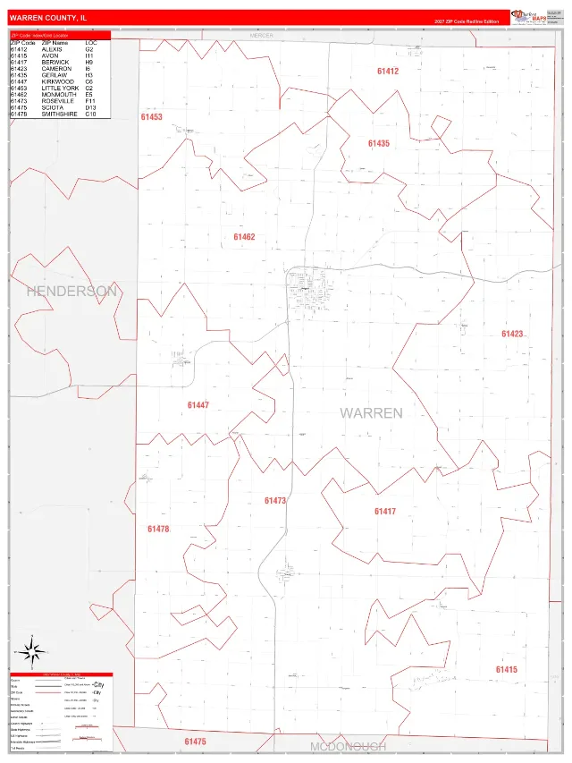 Warren County, IL ZIP Code Wall Map, RedLine style