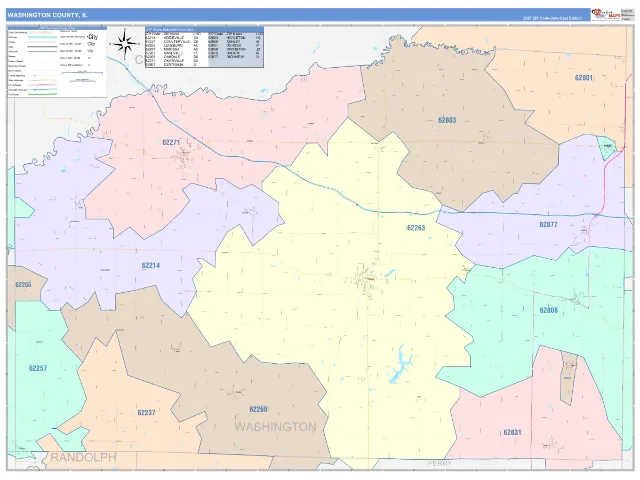 Washington County, IL ZIP Code Wall Map, ColorCast style