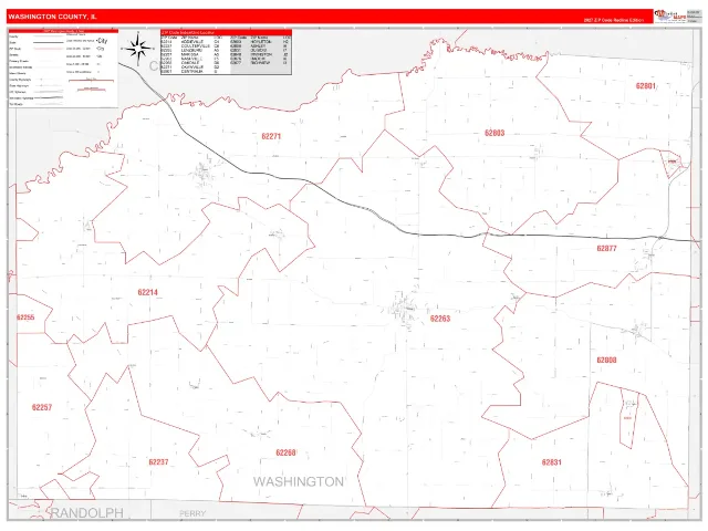 Washington County, IL ZIP Code Wall Map, RedLine style