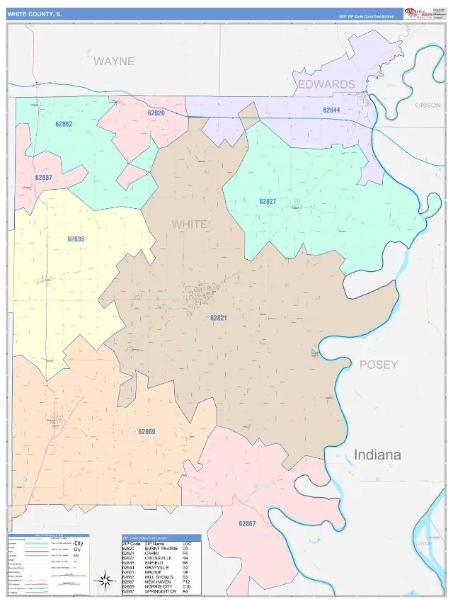 White County, IL ZIP Code Wall Map, ColorCast style