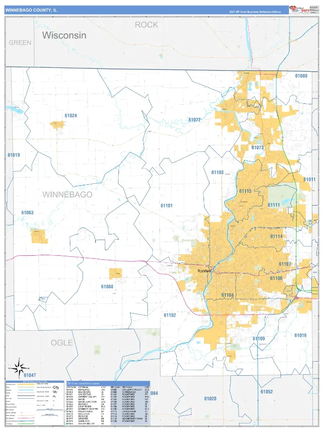 Winnebago County, IL ZIP Code Wall Map, Business Reference style