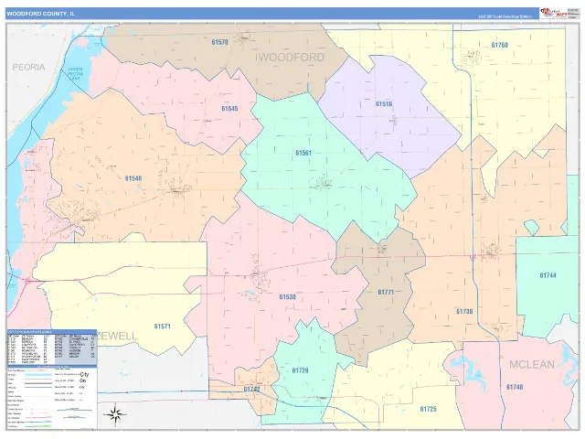 Woodford County, IL ZIP Code Wall Map, ColorCast style