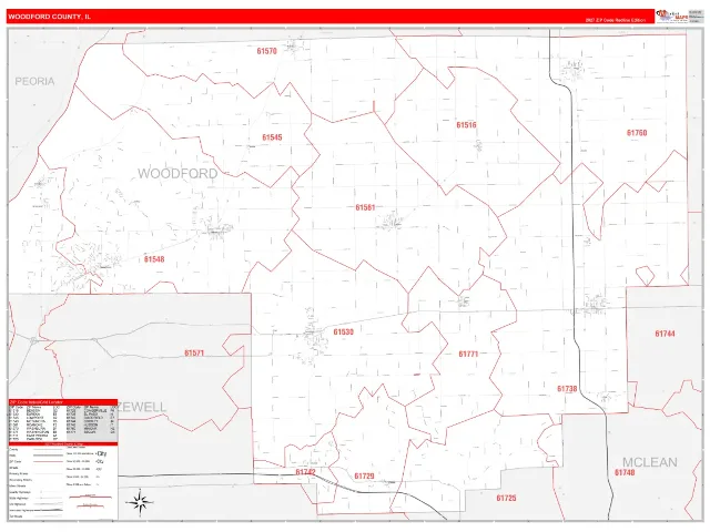 Woodford County, IL ZIP Code Wall Map, RedLine style