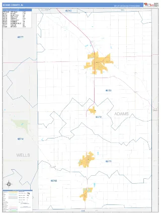 Adams County, IN Business Reference style ZIP Code wall map