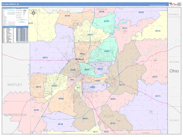 Allen County, IN ZIP Code Wall Map, ColorCast style
