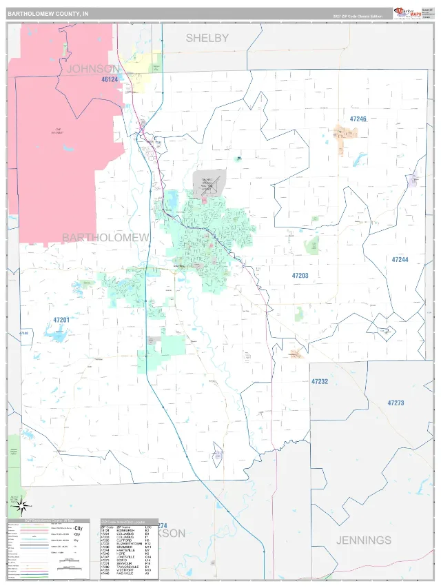 Bartholomew County, IN ZIP Code Wall Map, Classic style