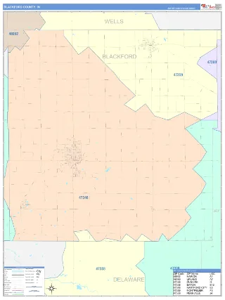Blackford County, IN ColorCast style ZIP Code wall map