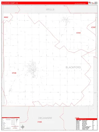 Blackford County, IN RedLine style ZIP Code wall map