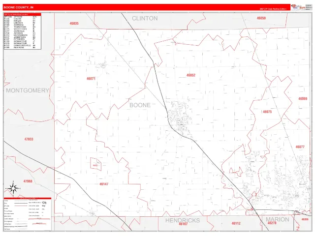 Boone County, IN ZIP Code Wall Map, RedLine style