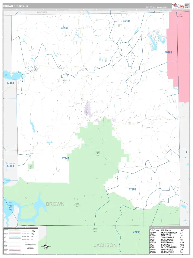 Brown County, IN ZIP Code Wall Map, Classic style