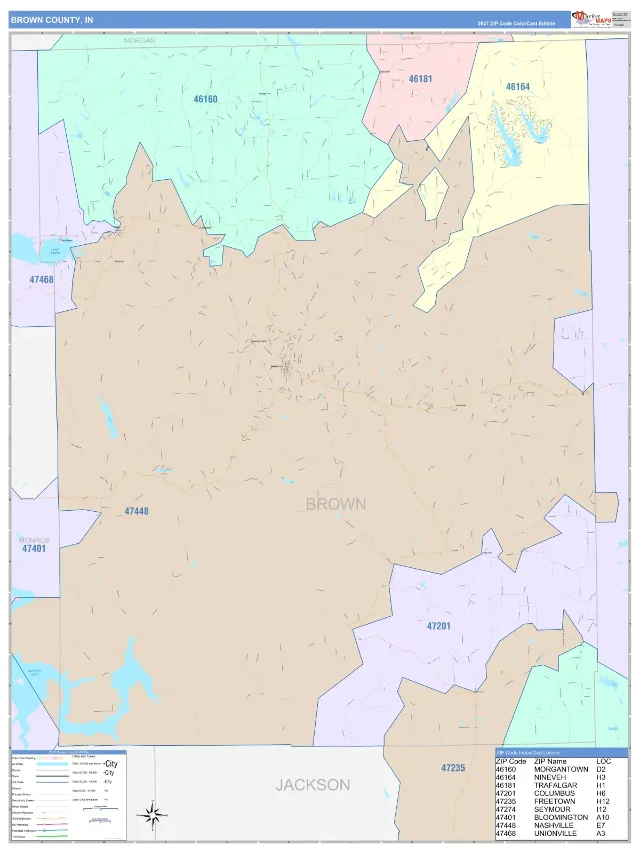 Brown County, IN ZIP Code Wall Map, ColorCast style
