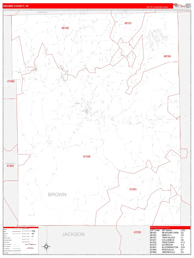 Brown County, IN ZIP Code Wall Map, RedLine style