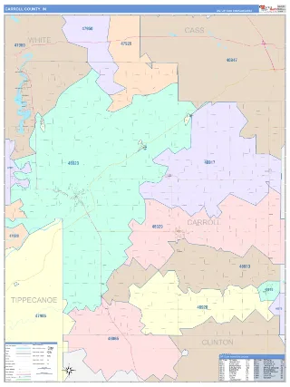 Carroll County, IN ColorCast style ZIP Code wall map
