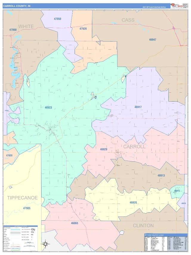 Carroll County, IN ZIP Code Wall Map, ColorCast style