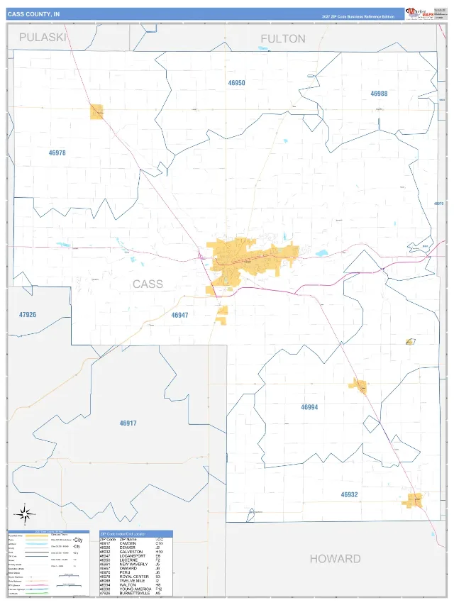 Cass County, IN ZIP Code Wall Map, Business Reference style