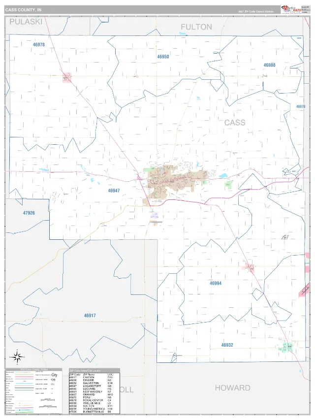 Cass County, IN ZIP Code Wall Map, Classic style