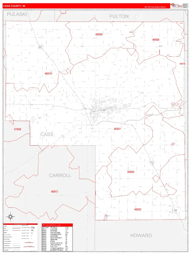 Cass County, IN ZIP Code Wall Map, RedLine style