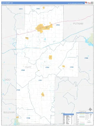 Clay County, IN Business Reference style ZIP Code wall map