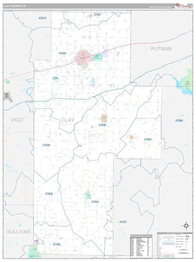 Clay County, IN ZIP Code Wall Map, Classic style