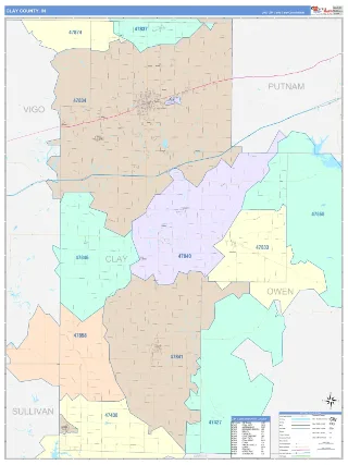 Clay County, IN ColorCast style ZIP Code wall map