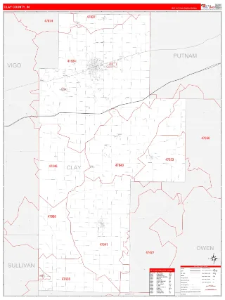 Clay County, IN RedLine style ZIP Code wall map