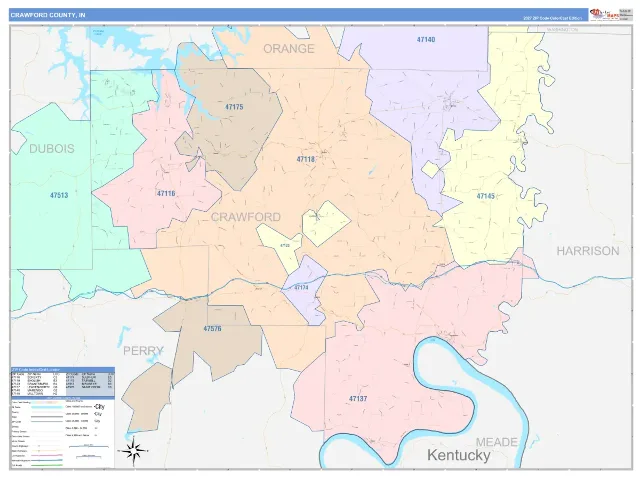 Crawford County, IN ZIP Code Wall Map, ColorCast style