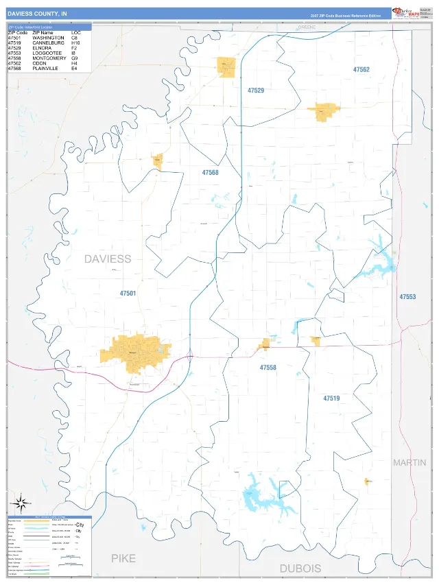 Daviess County, IN ZIP Code Wall Map, Business Reference style