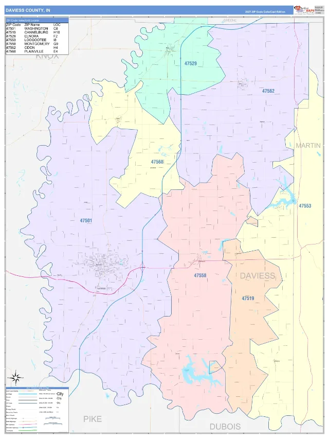 Daviess County, IN ZIP Code Wall Map, ColorCast style