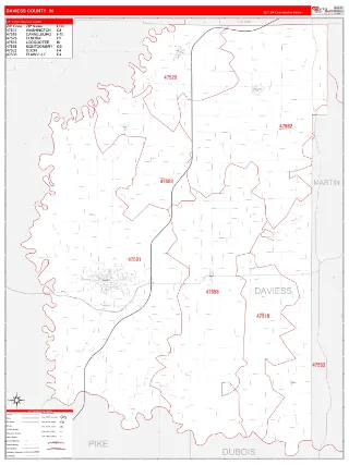 Daviess County, IN RedLine style ZIP Code wall map