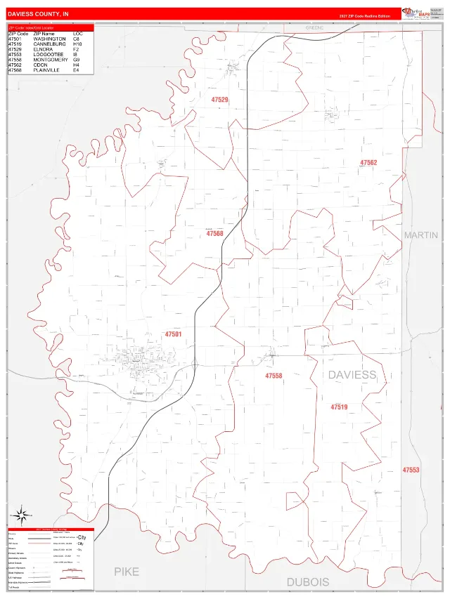 Daviess County, IN ZIP Code Wall Map, RedLine style