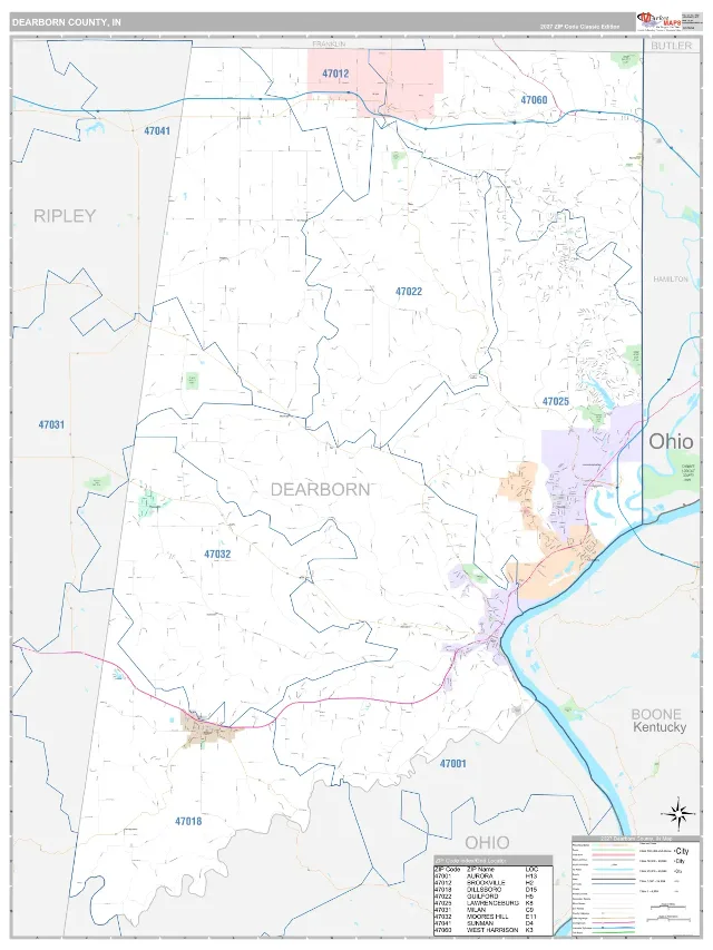 Dearborn County, IN ZIP Code Wall Map, Classic style