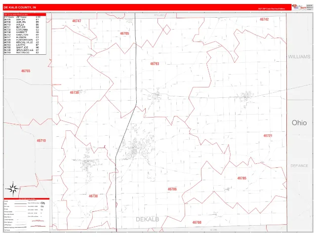 DeKalb County, IN ZIP Code Wall Map, RedLine style