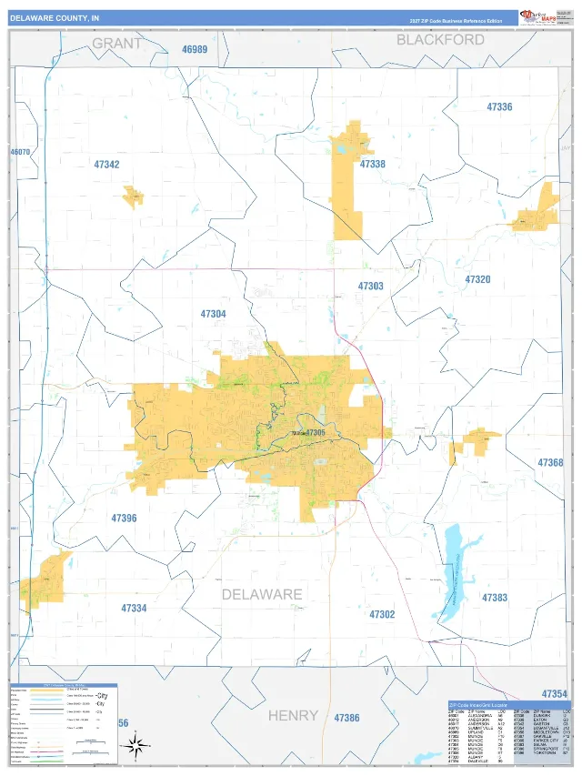 Delaware County, IN ZIP Code Wall Map, Business Reference style