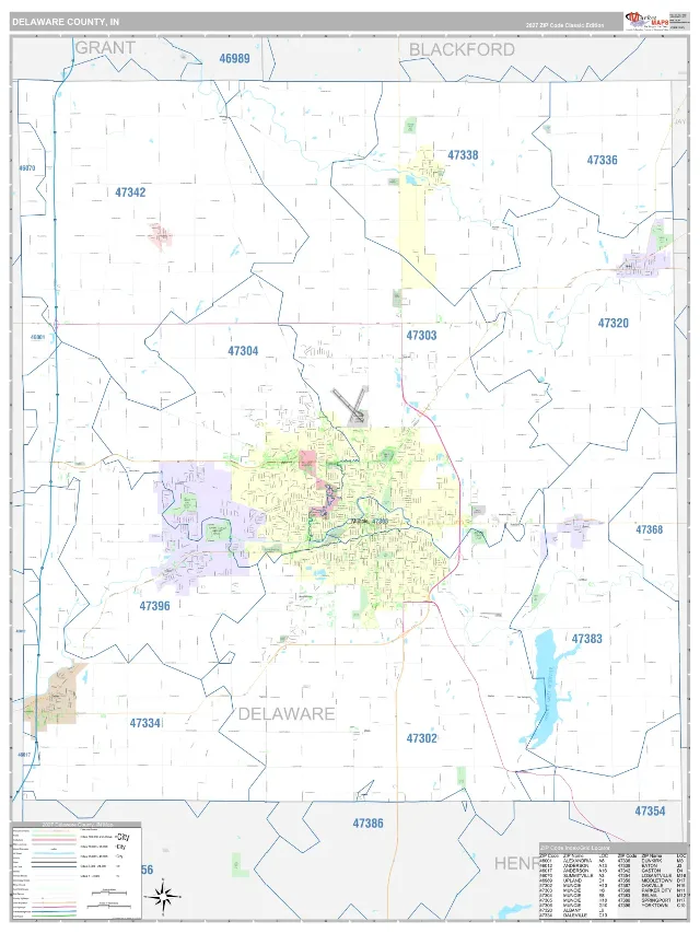 Delaware County, IN ZIP Code Wall Map, Classic style