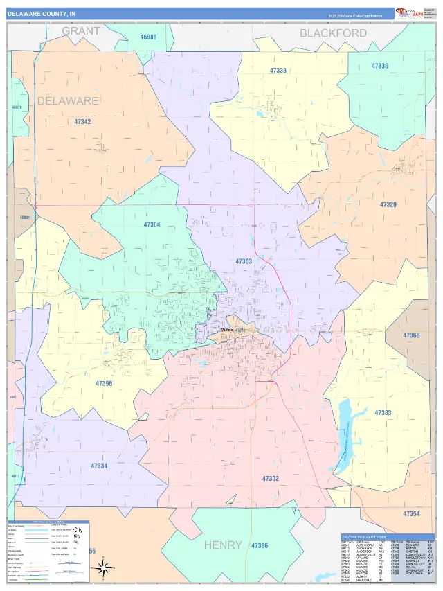 Delaware County, IN ZIP Code Wall Map, ColorCast style