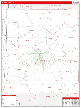 Delaware County, IN RedLine style ZIP Code wall map