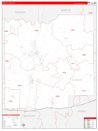 Dubois County, IN RedLine style ZIP Code wall map