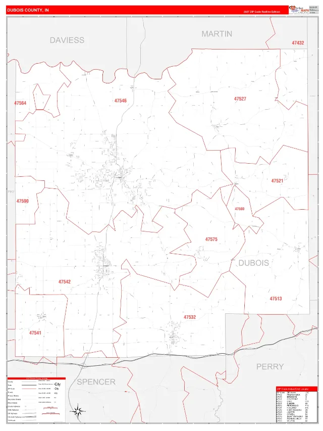 Dubois County, IN ZIP Code Wall Map, RedLine style