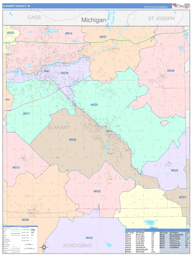 Elkhart County, IN ZIP Code Wall Map, ColorCast style