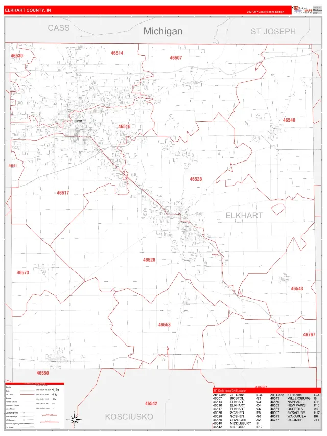 Elkhart County, IN ZIP Code Wall Map, RedLine style