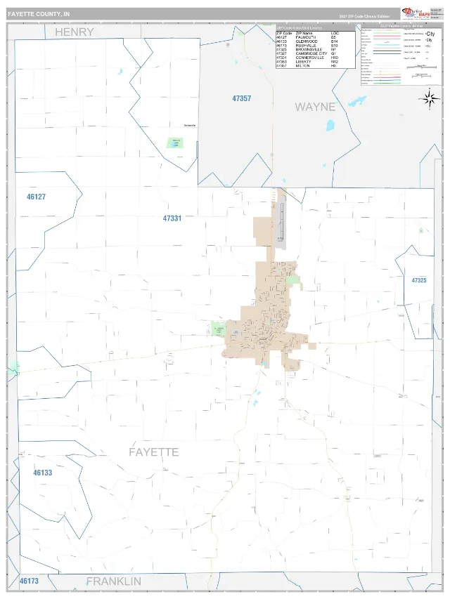 Fayette County, IN ZIP Code Wall Map, Classic style