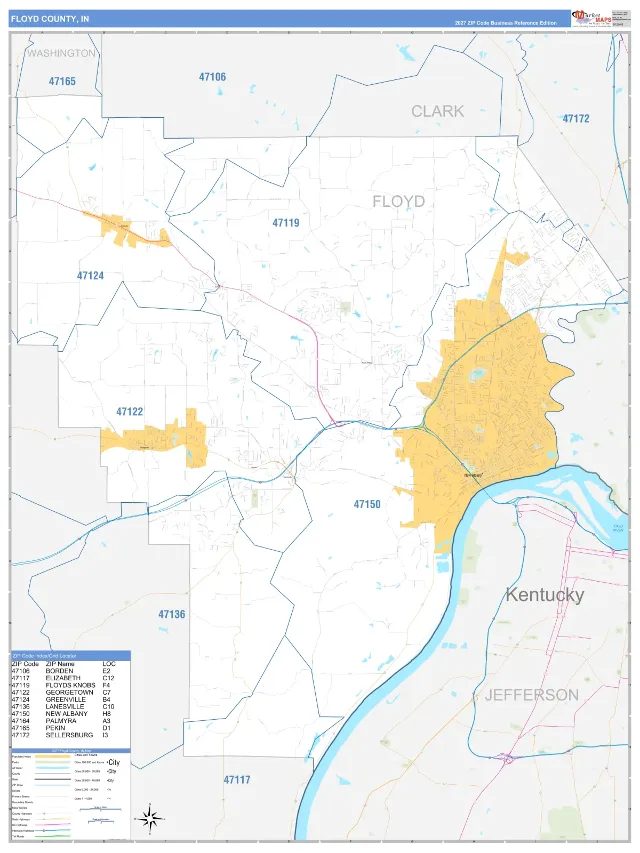 Floyd County, IN ZIP Code Wall Map, Business Reference style