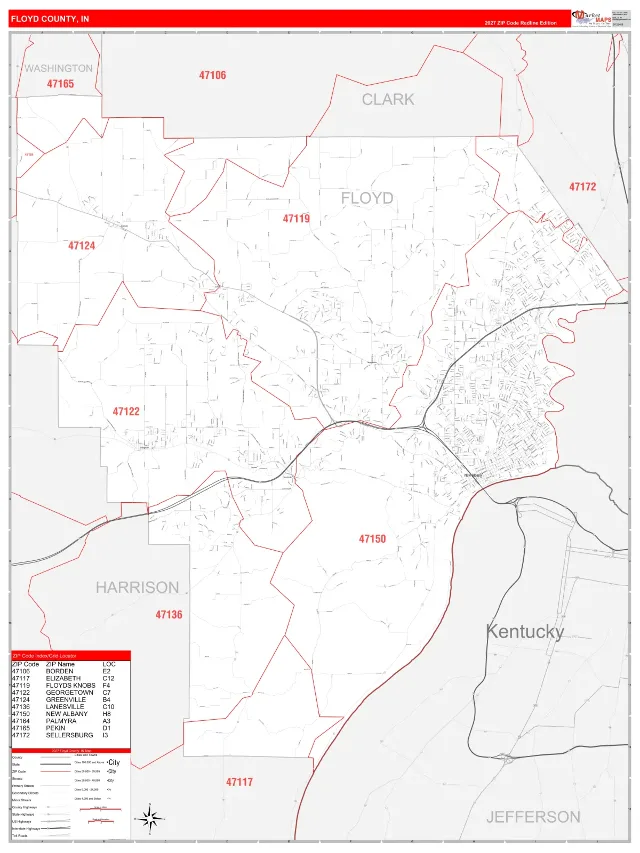 Floyd County, IN ZIP Code Wall Map, RedLine style