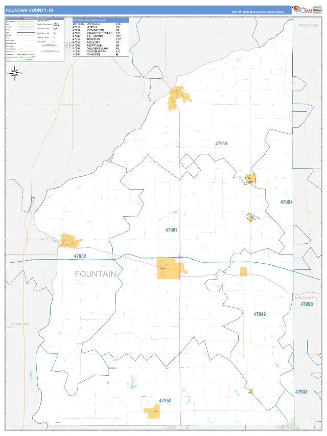Fountain County, IN ZIP Code Wall Map, Business Reference style
