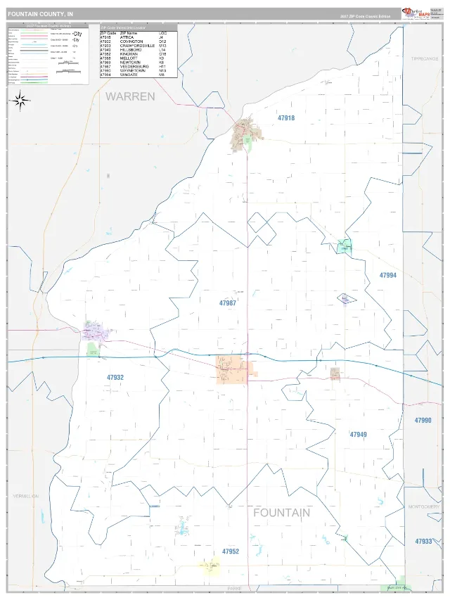 Fountain County, IN ZIP Code Wall Map, Classic style
