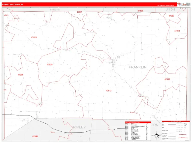 Franklin County, IN ZIP Code Wall Map, RedLine style