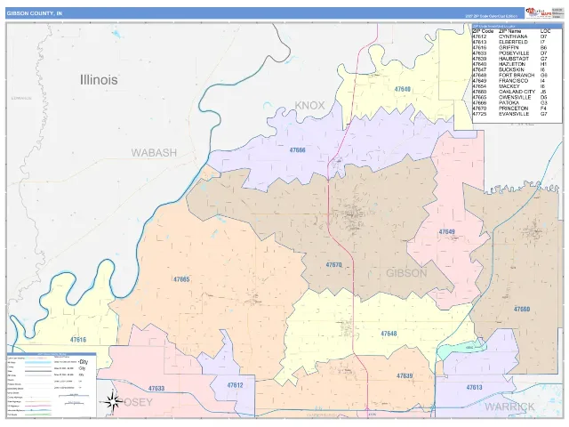 Gibson County, IN ZIP Code Wall Map, ColorCast style